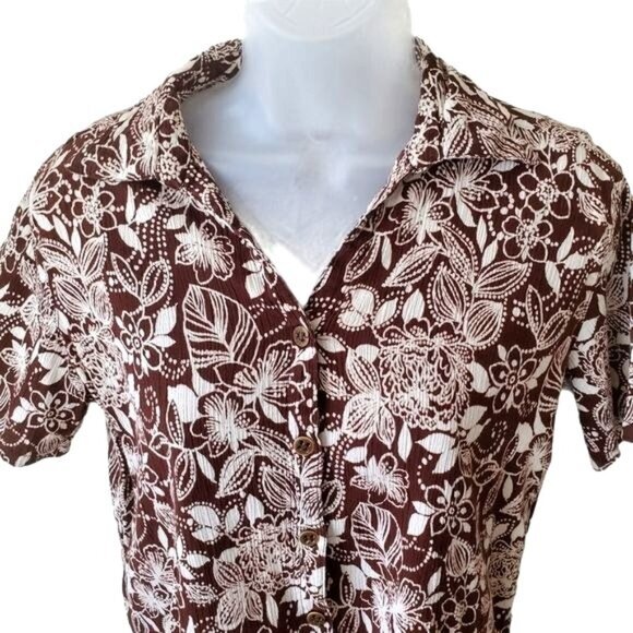 VINTAGE ERIKA Womens Button Up SZ SP Collar Floral Tropical Java Brown Textured - Picture 6 of 9